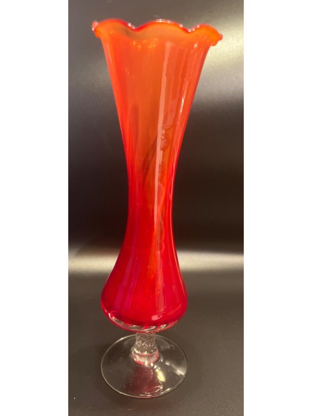 Vtg Red Art Glass Bud Vase Twisted Stem Ruffled Top Handblown 8"